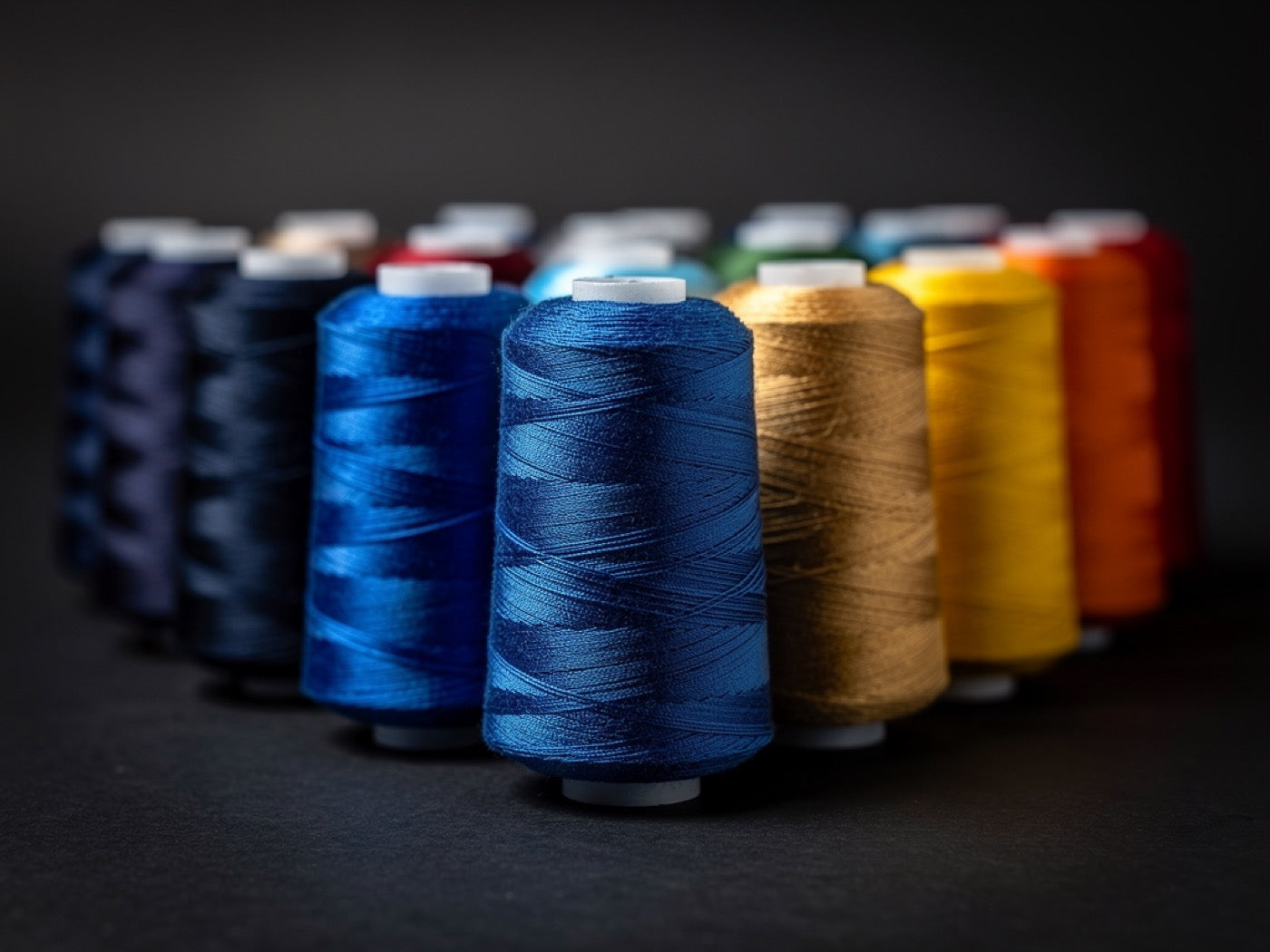 Embroidery thread cones in a navy-to-gold gradient