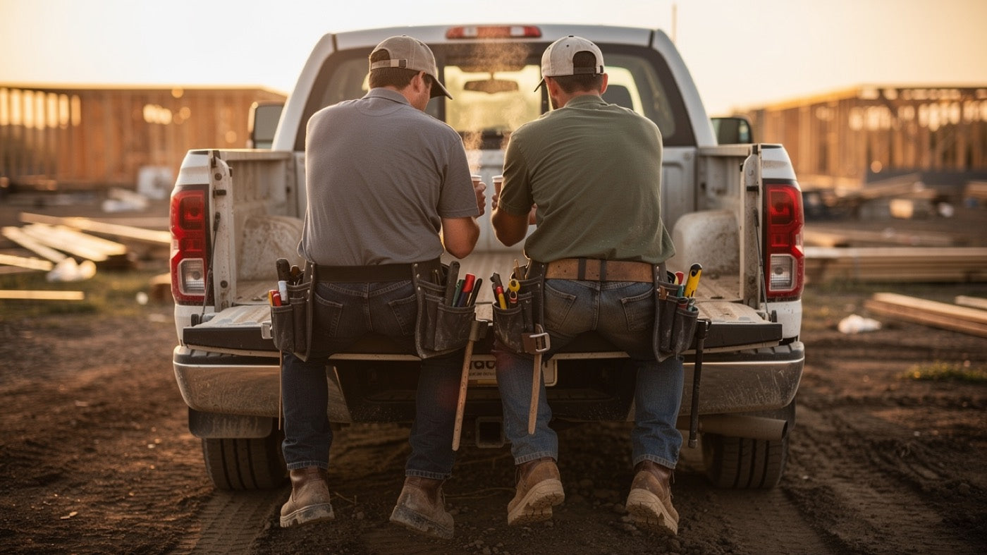 Crew wearing trucker caps on a jobsite tailgate at sunrise