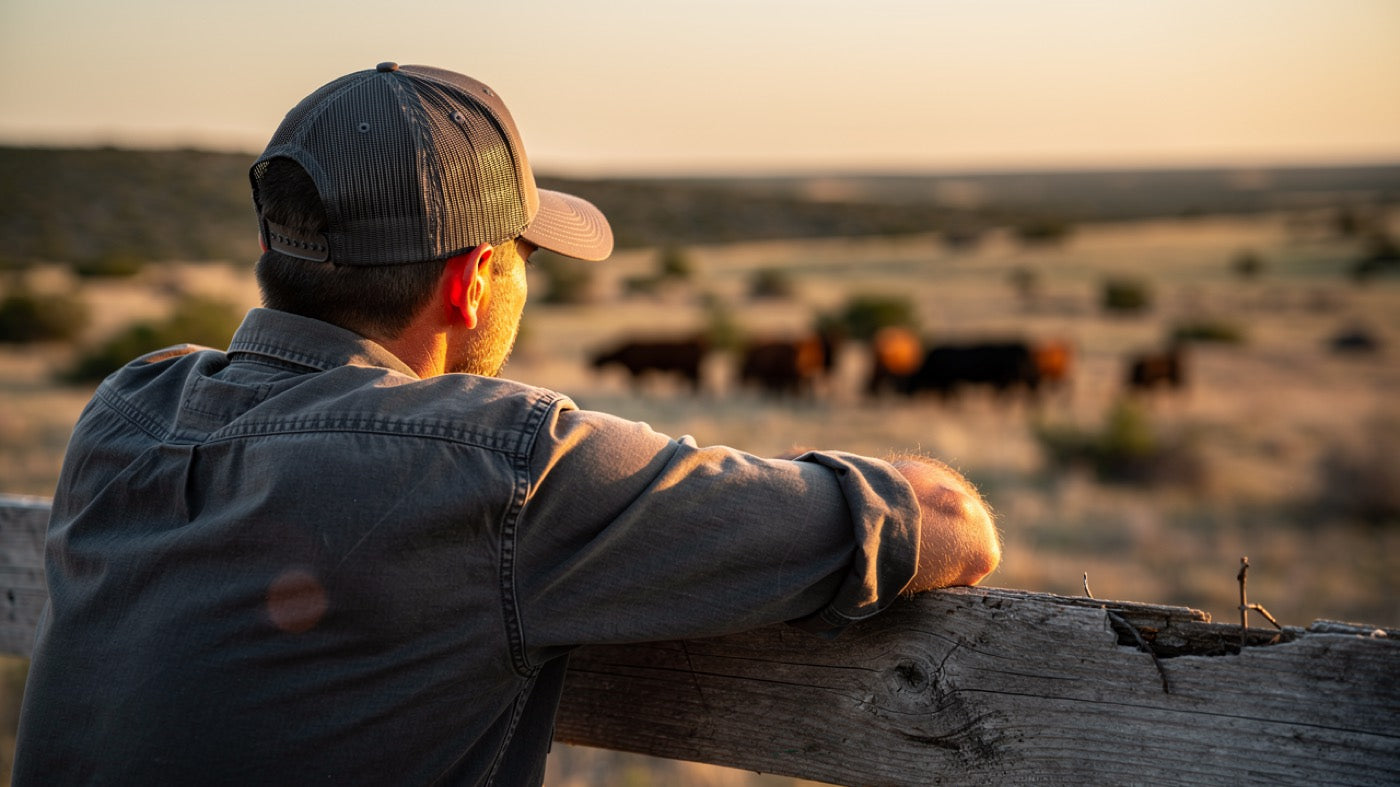 Rancher at golden hour wearing a plain Richardson 112 trucker cap